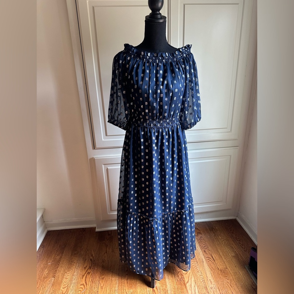 LOFT Navy Blue Midi Dress with Polka Dots